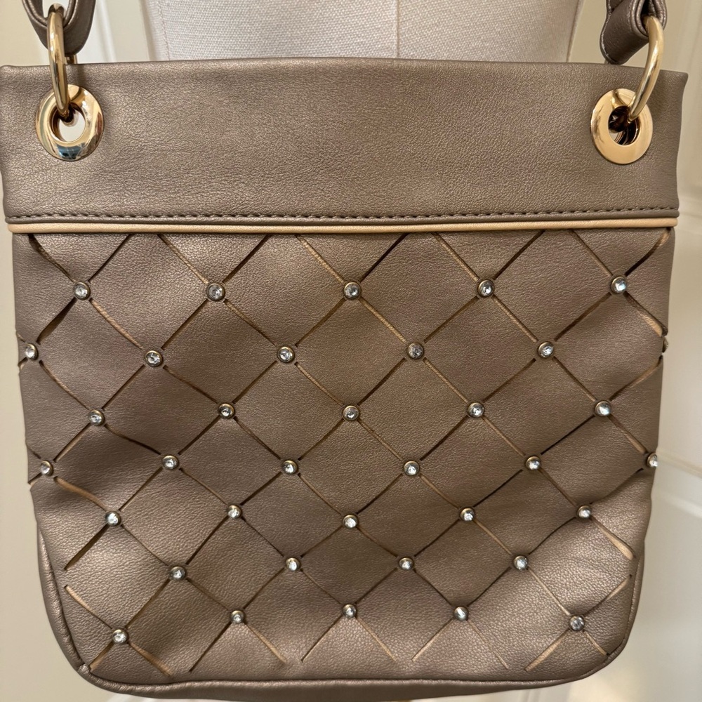 LaTique Handbag/Crossbody, Adjustable Strap, Gold, Gold Hardware, Crystal Studs